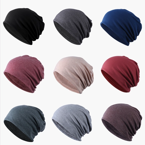 Unisex Slouchy Beanie Hat Fleece Lined Cotton Blend Warm Pullover Cap Neck Warmer Dual Use Solid Color Korean Style