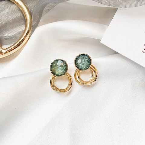 Round Geometric Stud Earrings With Silver Earring Post Brushed Metal Double Rings Retro Marble Texture Resin Jewelry