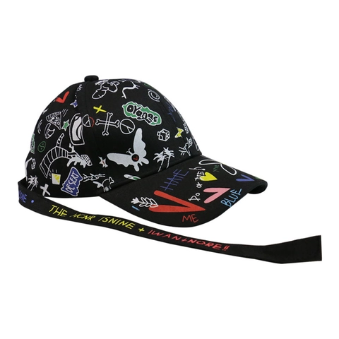 Graffiti Cotton Baseball Cap With Adjustable Long Strap Streetwear Hip Hop Sun Hat For Men Women