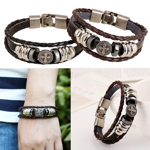 Bracciale In Vera Pelle Intrecciata Con Ciondoli Teschio Croce E Love In Lega Stile Retro Punk Gotico Unisex