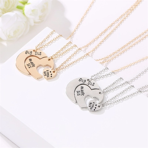 Alloy Heart Puzzle Pendant Necklace With Big Middle Little Sis Engraving For Sisters Best Friends Women Fashion Jewelry Gift