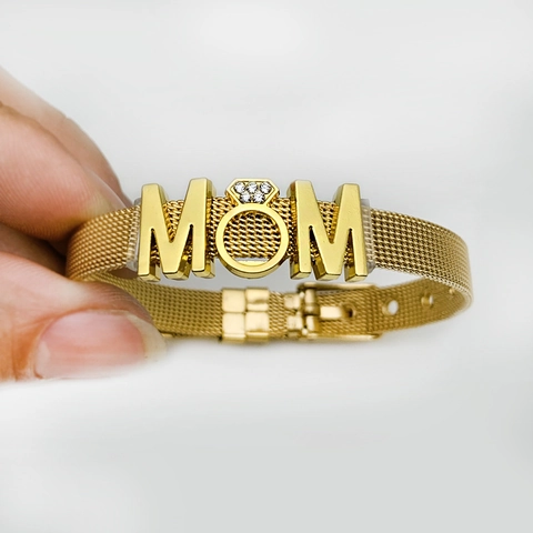 Bracciale In Maglia Di Acciaio Inossidabile Con Lettera MOM In Strass Regolabile Regalo Festa Della Mamma