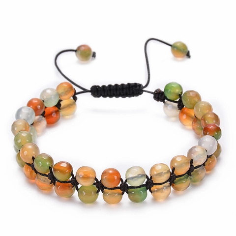 Faceted Natural Agate Double Layer Beaded Bracelet Handmade Woven Adjustable Bohemian Jewelry Unisex Fashion