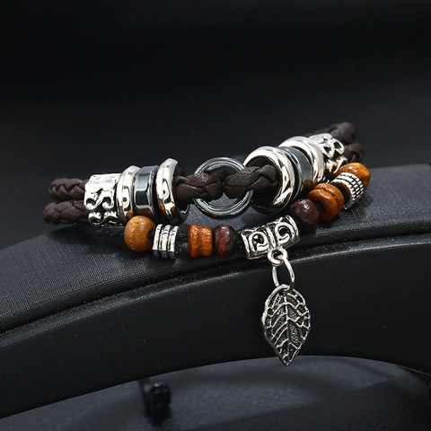 Retro Gevlochten PU Leren Armband Voor Heren Met Legering Blad Hanger En Houten Kralen Verstelbare Hand Sieraden