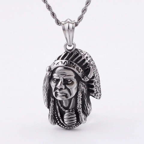 Pendentif Tête De Chef Indien Rétro Acier Inoxydable Vintage Charme Tribu Ethnique Pour Hommes Femmes Bijoux