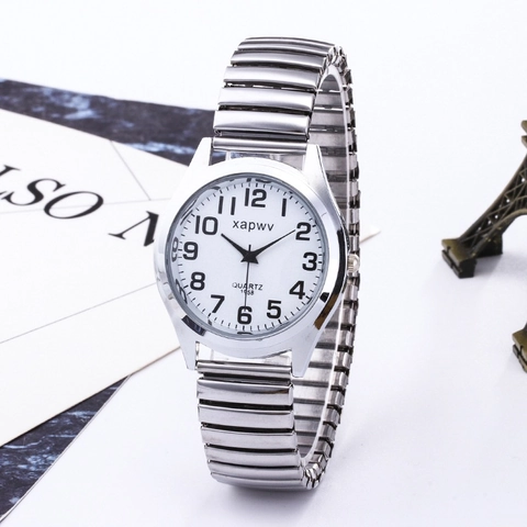 Couple Quartz Watch Set Elastic Expansion Stainless Steel Band Simple Arabic Numerals Casual Minimalist Round Dial Watch Pair