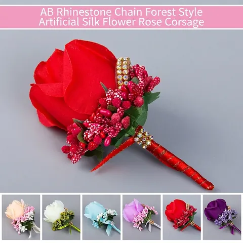 Boutonniere Matrimonio Corsage Da Polso Rosa Di Raso Bacca Strass AB Decorazione Fatta A Mano Per Festa Ballo Sposo Damigella D'onore