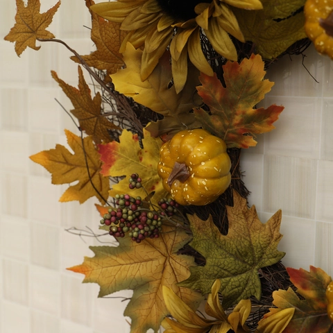 Artificial Sunflower Maple Leaf Pumpkin Wreath Fall Harvest Thanksgiving Decoration Front Door Wall Hanging Satin Foliage