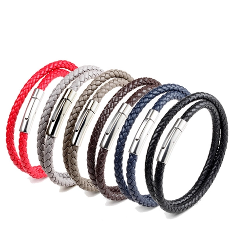 Men Double Wrap Braided Leather Bracelet With Stainless Steel Magnetic Clasp Fashion Handwoven Multi Layer Wristband Jewelry