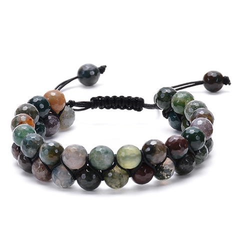 Faceted Indian Agate Double Layer Bracelet Natural Stone Double Row Braided Adjustable Rope Ethnic Jewelry For Women Men