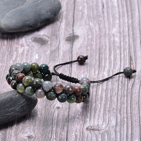 Faceted Indian Agate Double Layer Bracelet Natural Stone Double Row Braided Adjustable Rope Ethnic Jewelry For Women Men