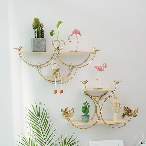 Wall Mounted Storage Shelf Gold Iron Metal Frame Wood Board Nordic Decorative Rack For Living Room Bedroom Bird Butterfly Ornament