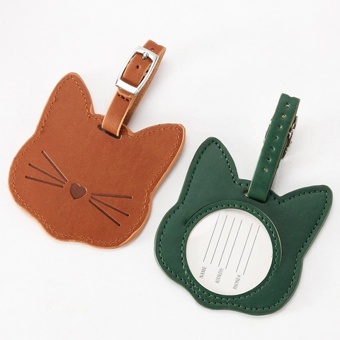 Cat Head Shape Luggage Tag PU Leather Cute Animal Travel ID Label For Suitcase Bag With Adjustable Buckle Strap