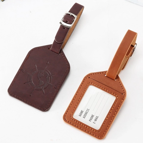 Luggage Tag PU Leather Embossed Compass World Map Suitcase Privacy ID Label With Adjustable Strap Travel Accessories