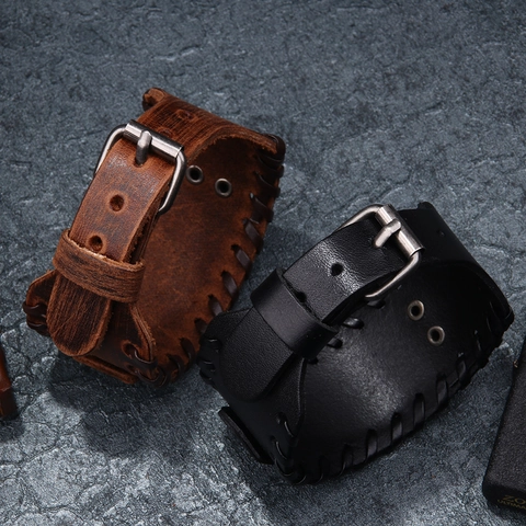 Retro Flying Dragon Totem Leather Bracelet Alloy Metal Plate Viking Punk Wide Cuff Wristband Adjustable Buckle Men