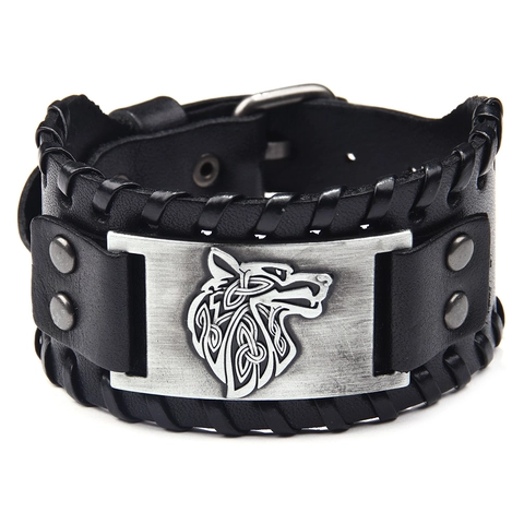 Viking Leather Bracelet For Men Wide Adjustable Nordic Wolf Head Valknut Compass Hammer Punk Cuff Bangle Jewelry