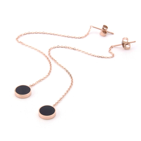 Pendientes Largos De Oro Rosa De Acero Inoxidable Con Colgante Redondo Negro Cadena De Borla Joyería Minimalista Mujer