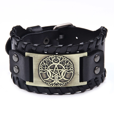 Vintage Men Wide Leather Cuff Bracelet With Tree Of Life Pentagram Alloy Plate Adjustable Punk Viking Wristband