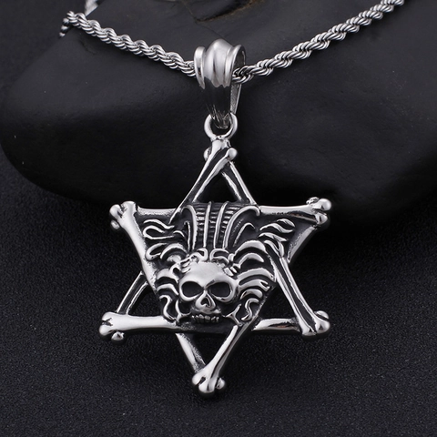 Hexagram Ster Skelet Hoofd Hanger Roestvrij Staal Gothic Punk Rock Biker Vintage Sieraden Voor Mannen