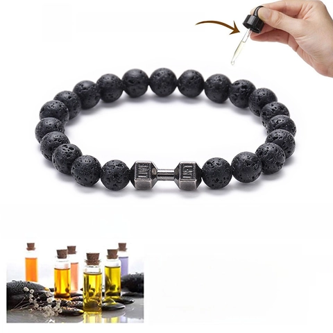 Natural Stone Beaded Bracelet With Metal Dumbbell Charm Motivational Fitness Gym Jewelry For Men And Women