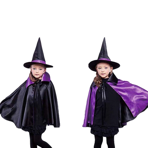 Halloween Witch Cloak Cape And Pointed Hat Satin Polyester Stand Collar Cosplay Party Costume For Kids Adults
