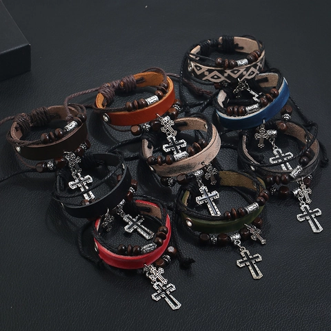Retro Multi-Layer Cowhide Leather Bracelet With Wood Beads And Alloy Double Cross Pendants Adjustable Hemp Rope Jewelry For Men Women