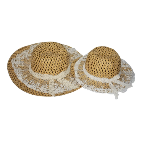 Women Kids Straw Sun Hat Wide Brim Lace Floral Bowknot Summer Beach Vacation Breathable Woven Accessory