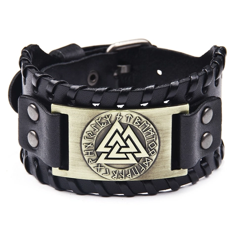 Viking Leather Bracelet Retro Nordic Valknut Rune Cowhide Alloy Metal Wristband Punk Ethnic Adjustable For Men Women