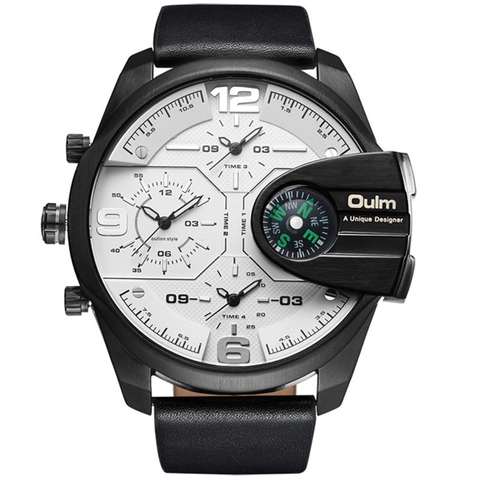 Men Quartz Watch Leather Strap Multi Time Zone Compass Big Dial Waterproof Punk Industrial Fashion