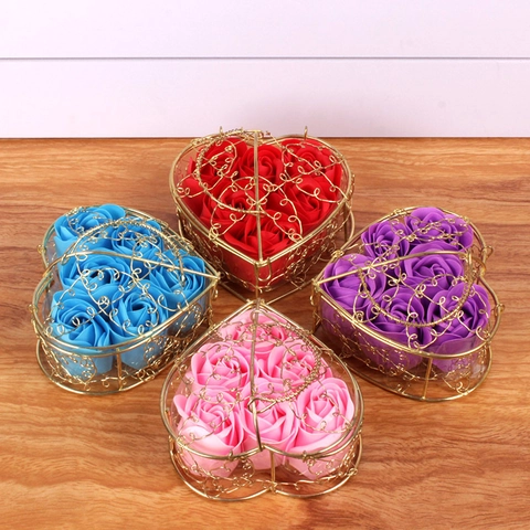 Rose Soap Flower In Heart Shaped Metal Wire Basket Scented Artificial Rose For Valentine Mothers Day Wedding Party Gift