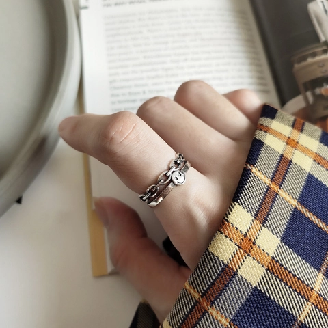 925 Sterling Silber Vintage Smiley Gesicht Verstellbarer Ring Retro Kettenglied Textur Minimalistischer Punk Schmuck