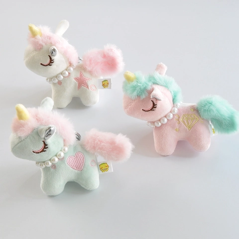Mignon Porte-clés Licorne en Peluche Avec Collier de Perles Artificielles Animal en Peluche Doux Pendentif de Sac Cadeau