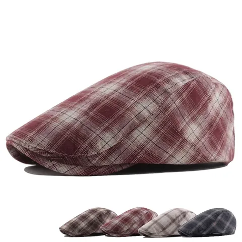 Classic Plaid Beret Hat Men Retro British Style Flat Cap Ivy Newsboy Hat Breathable Cotton Polyester Adjustable Buckle