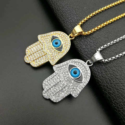Hip Hop Stainless Steel Hamsa Hand Pendant Necklace Blue Evil Eye Rhinestone Inlaid Gold Silver Black Ethnic Jewelry For Men Women