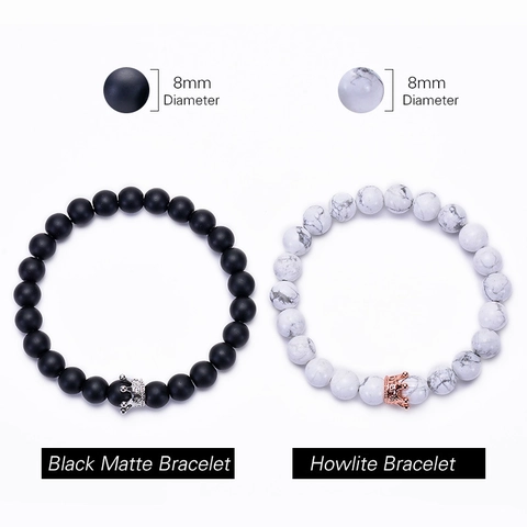 Pulsera Cuentas Piedra Natural Colgante Corona Howlita Blanca Ágata Negra Mate Joyería Distancia Hecho A Mano Para Parejas