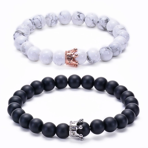 Pulsera Cuentas Piedra Natural Colgante Corona Howlita Blanca Ágata Negra Mate Joyería Distancia Hecho A Mano Para Parejas
