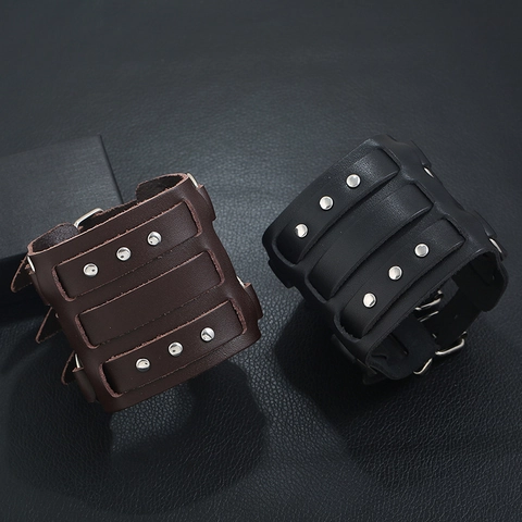 Punk Rivet Wide Cowhide Leather Cuff Bracelet For Men Vintage Rock Gothic Jewelry Hand Band