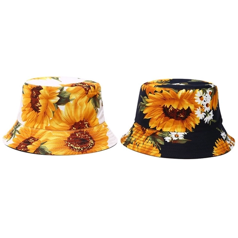 Reversible Sunflower Bucket Hat Cotton Canvas Wide Brim Sun Protection Summer Streetwear Floral Basin Hat For Women