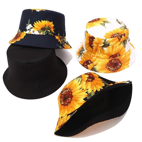 Chapeau Bob Réversible Imprimé Tournesol Été Toile De Coton Protection Solaire Bord Large Extérieur Plage Pliable