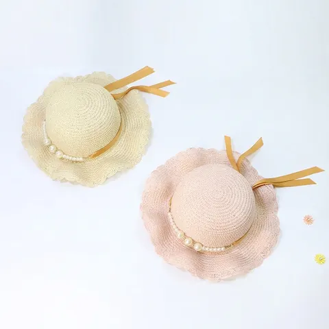 Kids Girls Straw Sun Hat Wavy Edge Artificial Pearl Ribbon Bow Summer Beach Breathable Sun Protection Flat Top