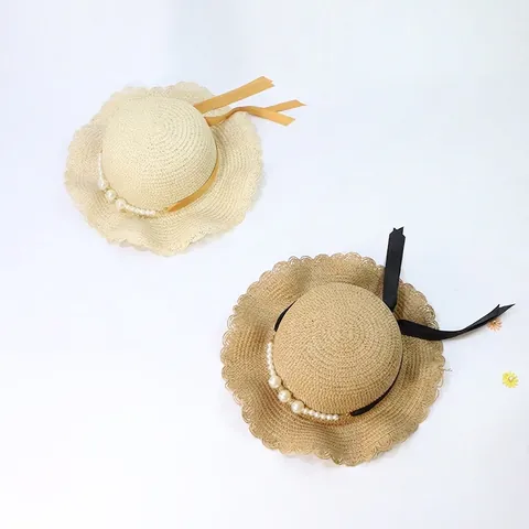 Kids Girls Straw Sun Hat Wavy Edge Artificial Pearl Ribbon Bow Summer Beach Breathable Sun Protection Flat Top