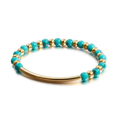 Beaded Bracelet Stainless Steel Curved Tube Natural Stone Turquoise Lava Rock Tiger Eye Beads Elastic Minimalist Jewelry