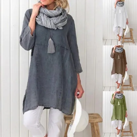 Vestido Midi de Poliéster Casual para Mujer Manga Larga Cuello Redondo Color Sólido Vestido Recto Holgado Con Aberturas Laterales