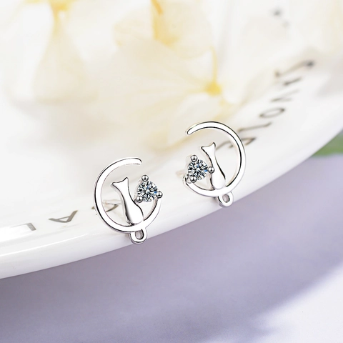 Orecchini A Lobo Gatto Luna Rame Placcato Oro Bianco Con Zircone Perno In Argento Gioielli Di Moda