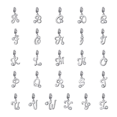 Alphabet Initial Letter Pendant Charm 925 Sterling Silver Sparkling Cubic Zirconia Platinum Plated Jewelry Accessory