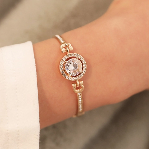 Fashion Alloy Bracelet Women Round Cubic Zirconia Halo Horseshoe Buckle Adjustable Bangle Elegant Jewelry Gift