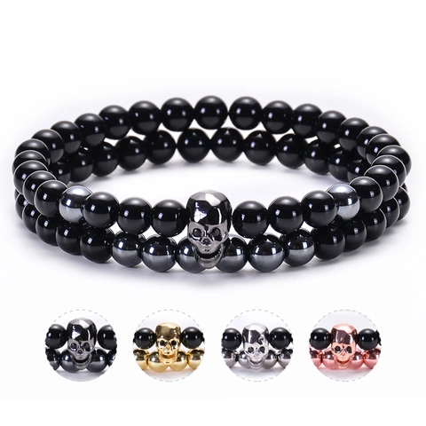 Beaded Bracelet Natural Black Agate Stone Hematite Copper Skull Punk Rock Style Handcrafted Jewelry For Men And Women