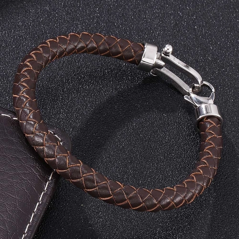 Handgefertigtes Geflochtenes Lederarmband Mit Hufeisenverschluss Aus Edelstahl U-Förmige Schnalle Mode Schmuck