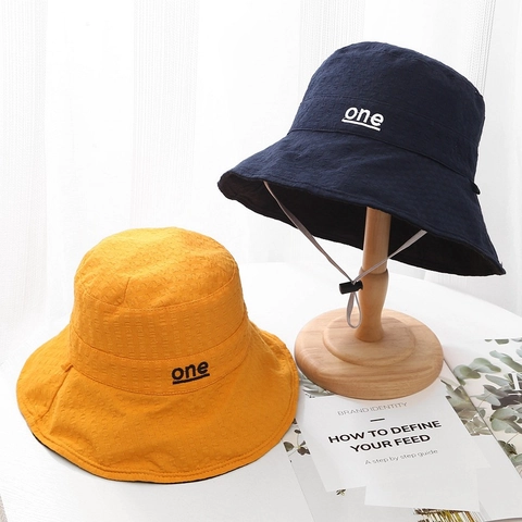 Double Sided Bucket Hat Waffle Cotton Sun Protection Fisherman Hat With Adjustable Wind Rope Letter Embroidery