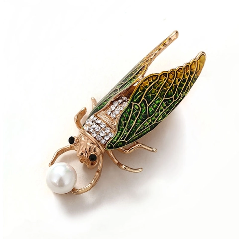 Broche de Insecto Cigarra Vintage en Aleación de Oro Perla Artificial Strass Esmalte de Aceite Broche de Bicho para Accesorio de Moda Unisex